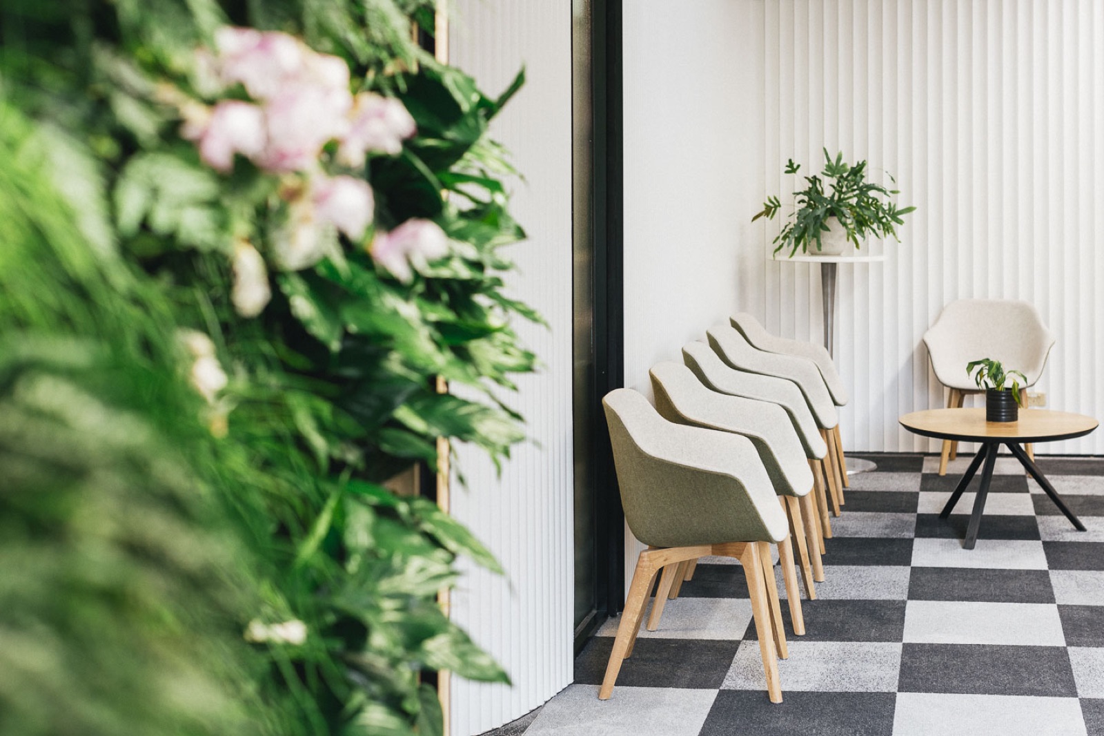 Performe Sports Medicine clinic waiting area with a green living wall