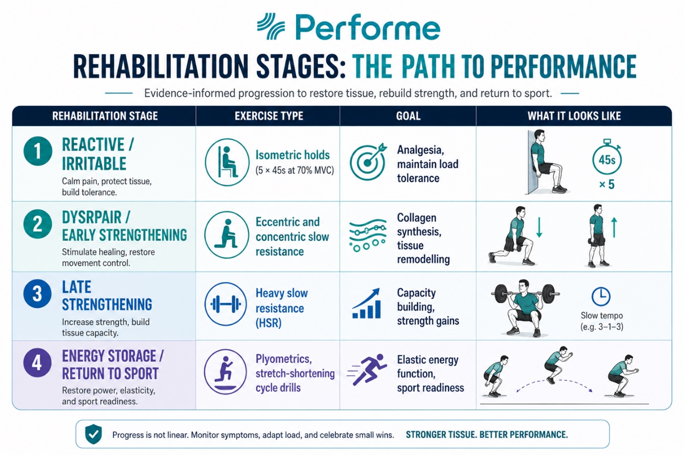 Infographic showing the four-stage tendon rehabilitation progression from isometric holds to return-to-sport plyometrics