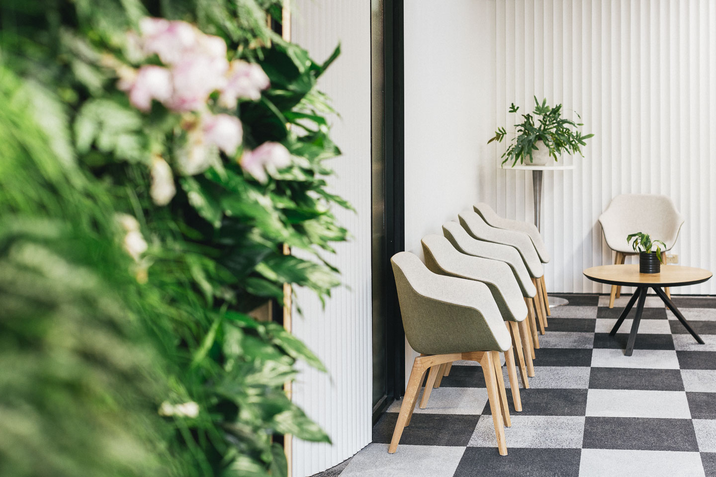 Performe Sports Medicine clinic waiting area with a green living wall